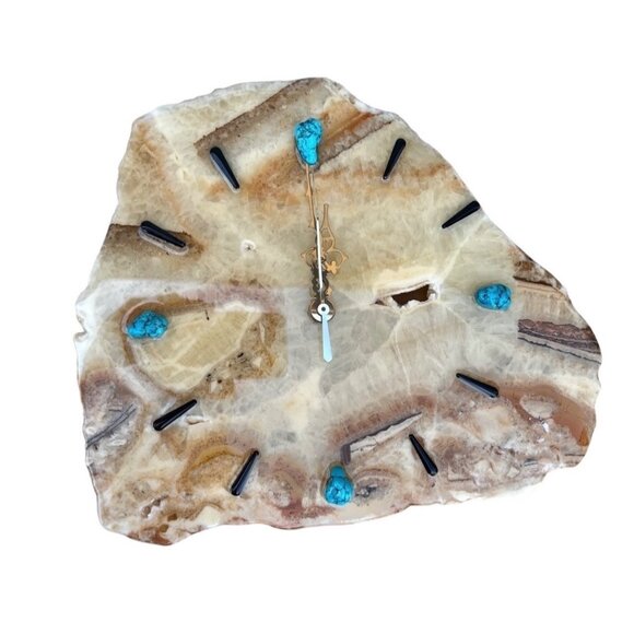 Handmade Other - Light Agate Stone Wall Clock With Turquoise & Black Accents Gift Vintage GUC